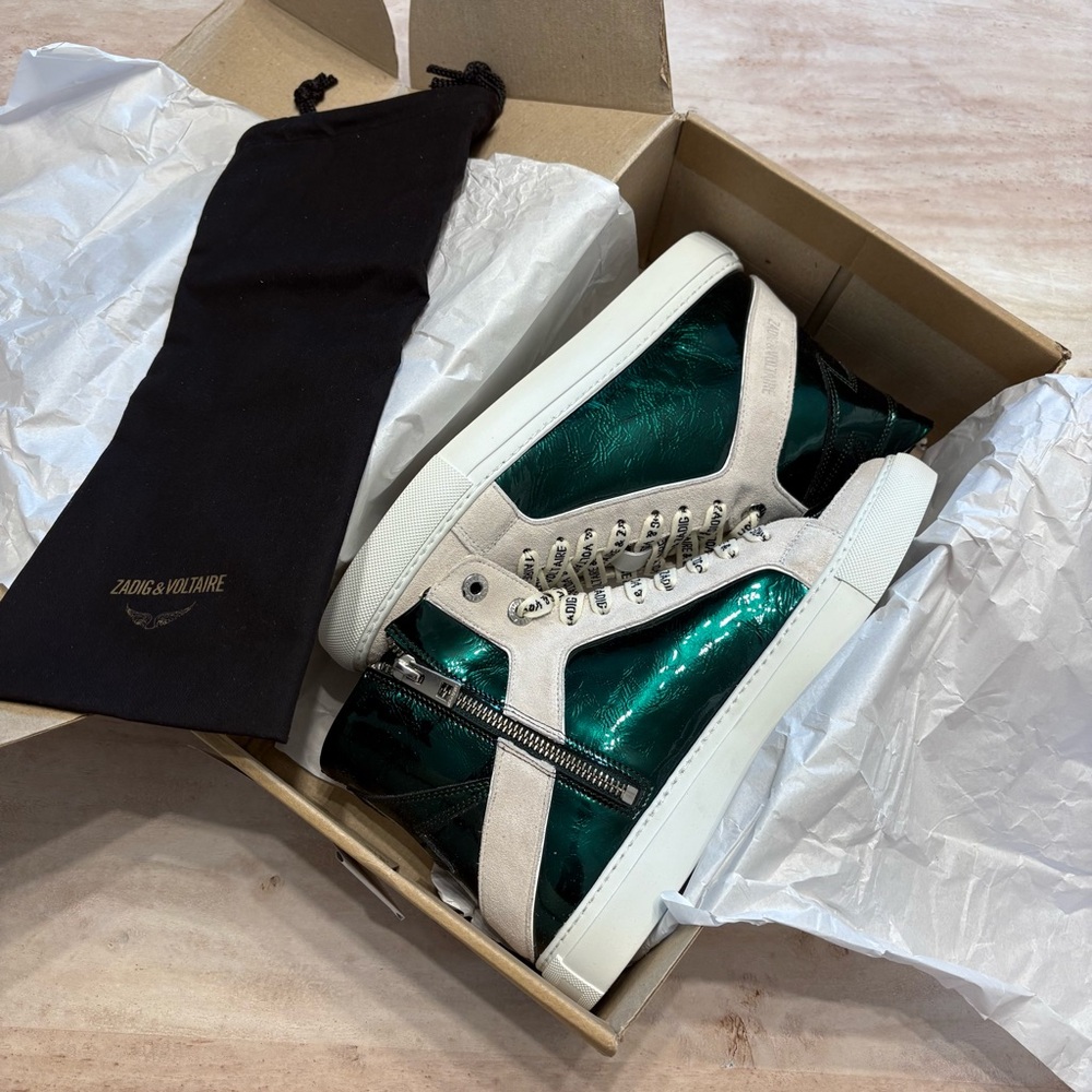 ZADIG & VOLTAIRE Flash Wave Patent Green High Top Sneakers Sz 40 (US 9)